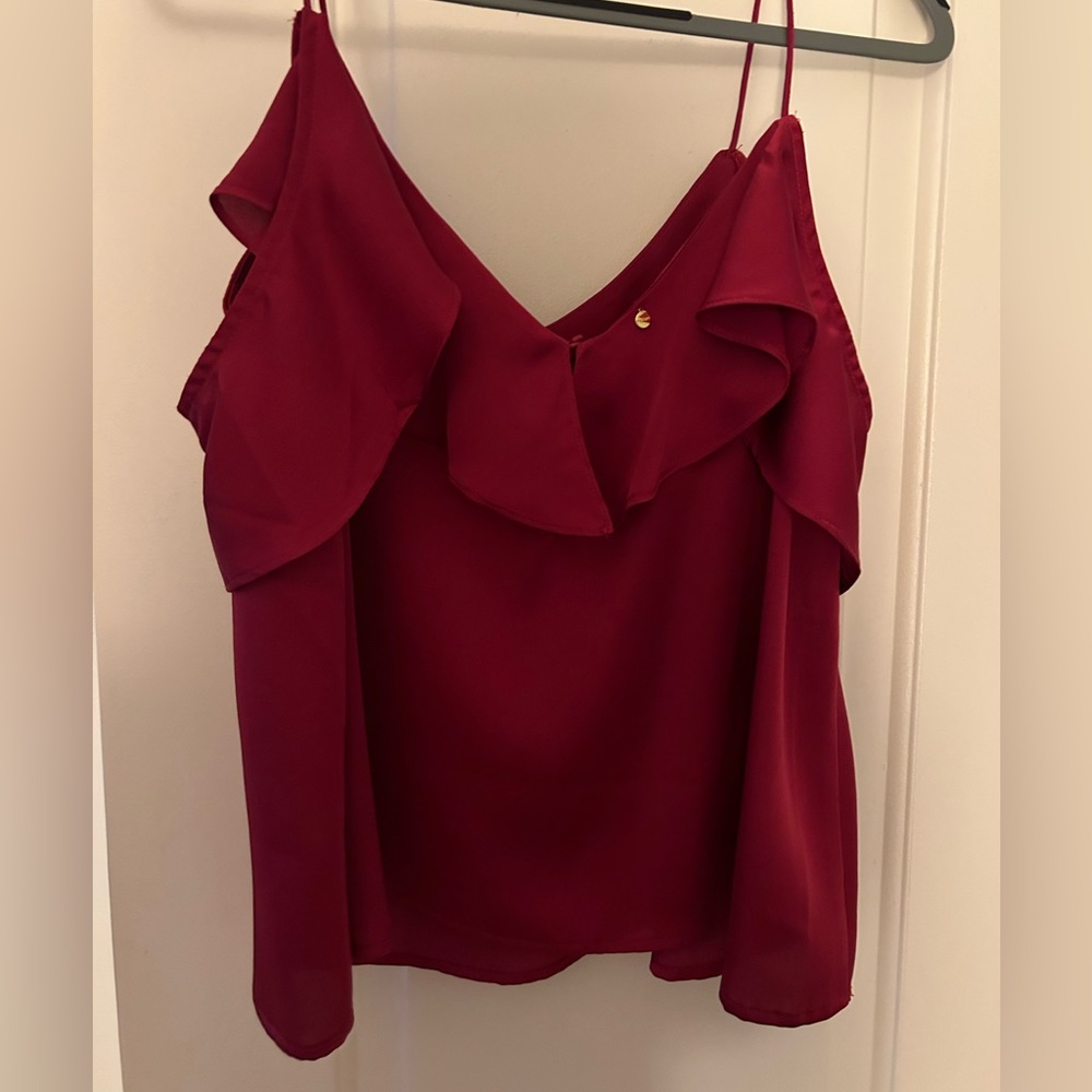 Dark red silky ruffle blouse